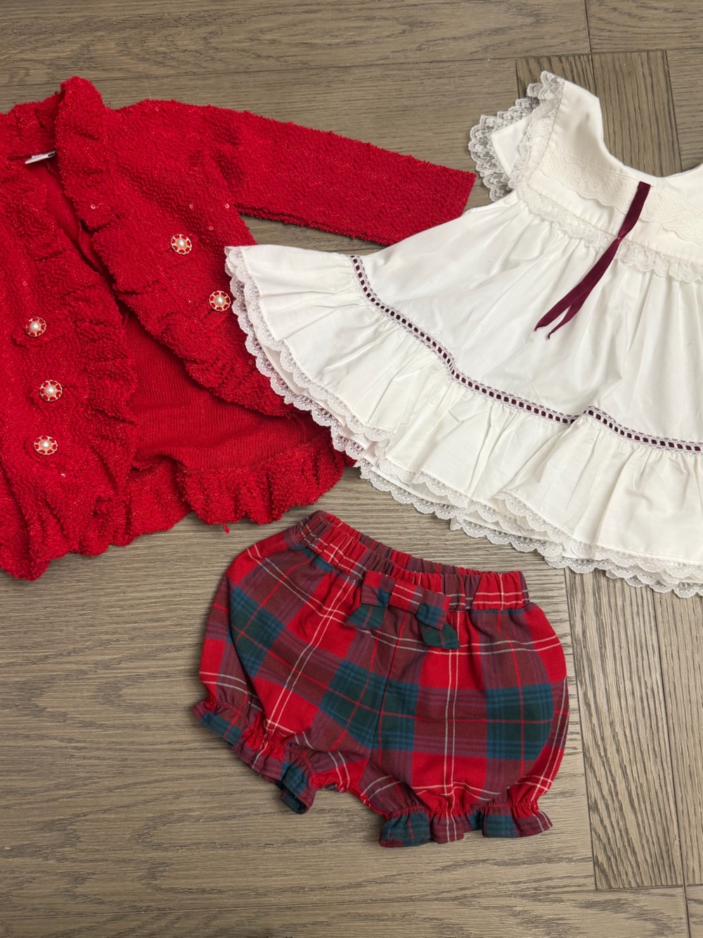 3 Piece Boutique Girls Red Plaid & Ivory Ruffle Short Set